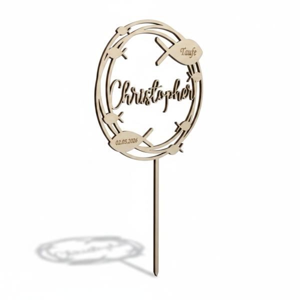 Runder Caketopper aus Birkenholz mit personalisiertem Namen, Anlass und Datum